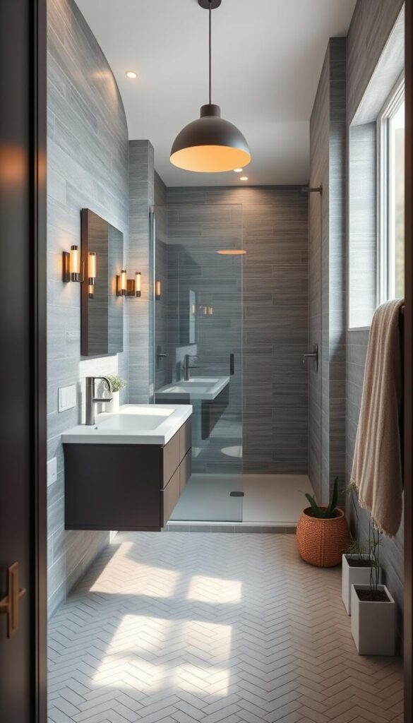 A cozy and inviting small bathroom with modern fixtures and natural light. A floating vanity with a sleek white countertop and undermounted sink, complemented by a large mirror that brightens the space. The tiled floor in a herringbone pattern leads to a walk-in shower with a glass enclosure, creating a seamless and spacious feel. Soft, ambient lighting from wall sconces and a minimalist pendant fixture overhead set a calming mood. Textured gray wall tiles provide visual interest, while potted plants and a fluffy towel add warmth and personality to the design. A cozy and inviting small bathroom with modern fixtures and natural light. A floating vanity with a sleek white countertop and undermounted sink, complemented by a large mirror that brightens the space. The tiled floor in a herringbone pattern leads to a walk-in shower with a glass enclosure, creating a seamless and spacious feel. Soft, ambient lighting from wall sconces and a minimalist pendant fixture overhead set a calming mood. Textured gray wall tiles provide visual interest, while potted plants and a fluffy towel add warmth and personality to the design.