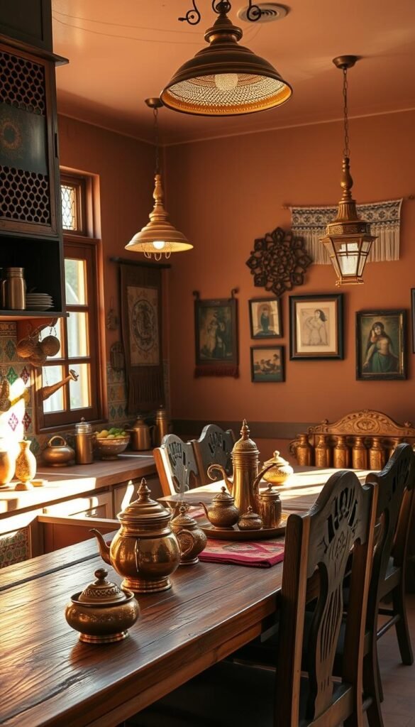 A cozy and vibrant Desi kitchen, bathed in warm, natural light from large windows. In the foreground, a traditional brass or copper jali-patterned backsplash, adorned with colorful hand-painted ceramic tiles. Atop a rustic wooden countertop, an array of gleaming copper utensils, spice jars, and a traditional Desi-style tea set. In the middle ground, ornate brass lamps hang from the ceiling, casting a soft, ambient glow. The walls are painted in earthy tones, with intricate Desi-inspired wall hangings and framed artwork. The kitchen is anchored by a sturdy, wooden dining table, surrounded by mismatched, but charming, carved wooden chairs. The overall mood is one of cozy, lived-in comfort and cultural celebration.