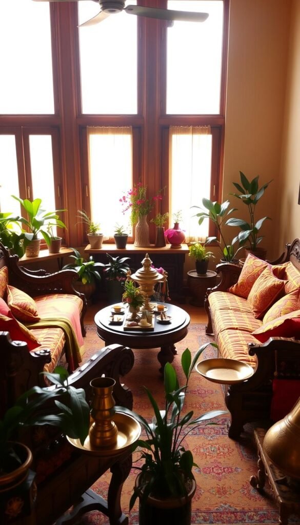 A cozy and vibrant Indian living room, bathed in warm, diffused lighting from large windows. Ornate wooden furniture, intricately carved and finished in rich, earthy tones, anchors the space. Plush, colorful textiles – saris, tapestries, and cushions – add layers of texture and pattern. The room is adorned with brass and copper accents, including a gleaming samovar and decorative platters. Potted plants and fresh flower arrangements bring the outdoors in. The overall aesthetic is a harmonious blend of traditional Indian design elements and modern, minimalist sensibilities, creating a serene yet invigorating atmosphere. A cozy and vibrant Indian living room, bathed in warm, diffused lighting from large windows. Ornate wooden furniture, intricately carved and finished in rich, earthy tones, anchors the space. Plush, colorful textiles – saris, tapestries, and cushions – add layers of texture and pattern. The room is adorned with brass and copper accents, including a gleaming samovar and decorative platters. Potted plants and fresh flower arrangements bring the outdoors in. The overall aesthetic is a harmonious blend of traditional Indian design elements and modern, minimalist sensibilities, creating a serene yet invigorating atmosphere.