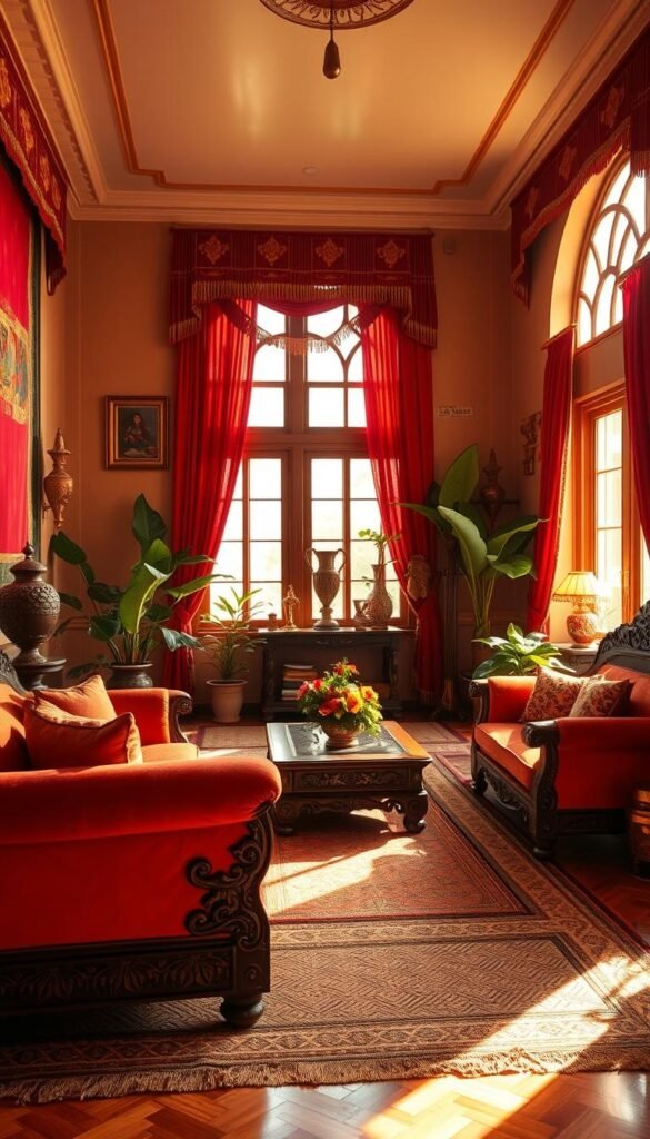A cozy and vibrant Indian living room, bathed in warm, diffused lighting. In the foreground, intricately carved, richly upholstered furniture - a plush sofa, ornate armchairs, and a carved, low-slung wooden coffee table. On the walls, vibrant tapestries and wall hangings in deep reds, oranges, and golds. Decorative brass or copper urns, sculptures, and vases adorn the room, complemented by lush potted plants. The middle ground features a plush woven rug in a traditional Indian pattern, while the background showcases tall, arched windows allowing natural light to stream in, illuminating the room's rich, layered aesthetic. An atmosphere of comfort, cultural heritage, and welcoming hospitality pervades the space. A cozy and vibrant Indian living room, bathed in warm, diffused lighting. In the foreground, intricately carved, richly upholstered furniture - a plush sofa, ornate armchairs, and a carved, low-slung wooden coffee table. On the walls, vibrant tapestries and wall hangings in deep reds, oranges, and golds. Decorative brass or copper urns, sculptures, and vases adorn the room, complemented by lush potted plants. The middle ground features a plush woven rug in a traditional Indian pattern, while the background showcases tall, arched windows allowing natural light to stream in, illuminating the room's rich, layered aesthetic. An atmosphere of comfort, cultural heritage, and welcoming hospitality pervades the space.