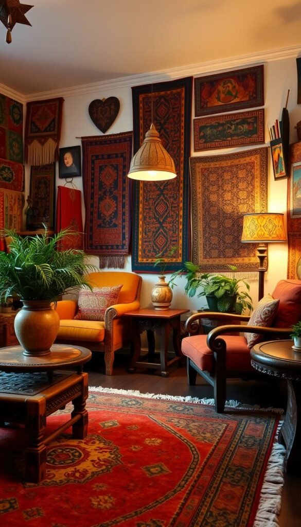 A cozy and vibrant ethnic home interior with traditional decor elements. In the foreground, an ornate handwoven area rug with intricate geometric patterns in warm hues. Surrounding it, a low wooden coffee table adorned with carved details and a large decorative vase filled with lush greenery. In the middle ground, two plush armchairs upholstered in rich, earthy tones, complemented by an intricately carved wooden side table. The walls are adorned with a collection of colorful ethnic textiles, tapestries, and artworks, creating a layered and culturally-inspired ambiance. Soft, diffused lighting from a hanging pendant lamp casts a warm glow across the space, evoking a sense of comfort and cultural celebration. The overall atmosphere is one of harmonious coexistence of diverse design elements that honor the principles of ethnic interior design. A cozy and vibrant ethnic home interior with traditional decor elements. In the foreground, an ornate handwoven area rug with intricate geometric patterns in warm hues. Surrounding it, a low wooden coffee table adorned with carved details and a large decorative vase filled with lush greenery. In the middle ground, two plush armchairs upholstered in rich, earthy tones, complemented by an intricately carved wooden side table. The walls are adorned with a collection of colorful ethnic textiles, tapestries, and artworks, creating a layered and culturally-inspired ambiance. Soft, diffused lighting from a hanging pendant lamp casts a warm glow across the space, evoking a sense of comfort and cultural celebration. The overall atmosphere is one of harmonious coexistence of diverse design elements that honor the principles of ethnic interior design.