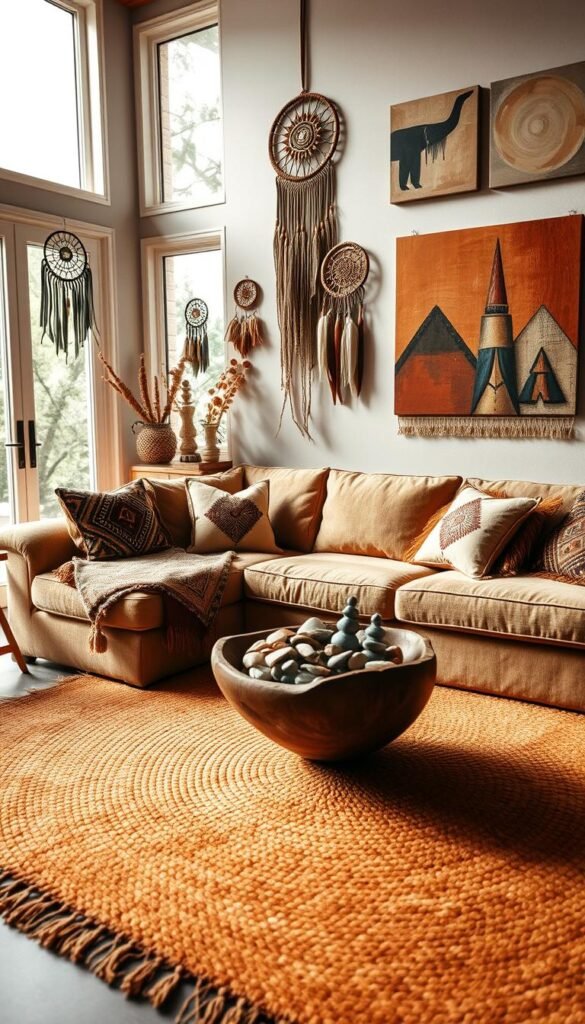 A cozy and vibrant living room featuring a mix of indigenous North American design elements. In the foreground, a plush, earth-toned sofa is adorned with intricate patterned cushions and a woven throw blanket. On the coffee table, a hand-carved wooden bowl holds an assortment of natural stones and shells. The middle ground showcases a large, woven area rug in warm hues and geometric designs. Hanging on the walls, a series of dreamcatcher-inspired wall hangings and abstract paintings in earthy tones. Framing the scene, large windows allow natural light to filter in, casting a soft, natural glow throughout the space. The overall atmosphere is one of cultural richness, comfort, and a deep connection to the natural world. A cozy and vibrant living room featuring a mix of indigenous North American design elements. In the foreground, a plush, earth-toned sofa is adorned with intricate patterned cushions and a woven throw blanket. On the coffee table, a hand-carved wooden bowl holds an assortment of natural stones and shells. The middle ground showcases a large, woven area rug in warm hues and geometric designs. Hanging on the walls, a series of dreamcatcher-inspired wall hangings and abstract paintings in earthy tones. Framing the scene, large windows allow natural light to filter in, casting a soft, natural glow throughout the space. The overall atmosphere is one of cultural richness, comfort, and a deep connection to the natural world.