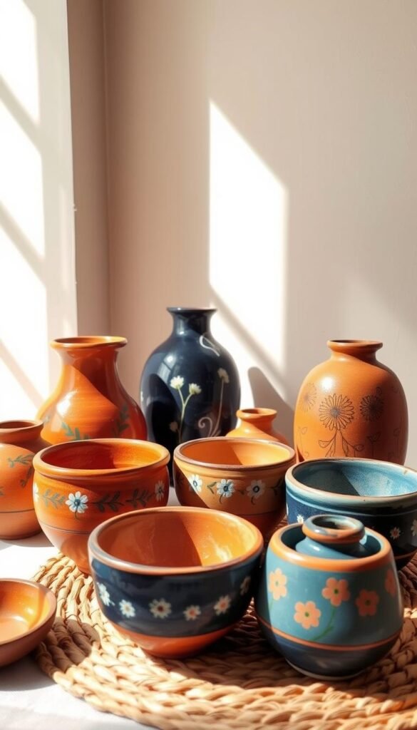 A cozy and vibrant still life scene of handmade Desi-inspired pottery. In the foreground, a selection of earthy, hand-painted ceramic vases and bowls in warm, earthy tones of terracotta, ochre, and deep blue. Delicate floral motifs and abstract patterns adorn their surfaces, reflecting traditional Indian design elements. The middle ground features a woven jute or rattan placemat, adding natural texture. Sunlight streams in from the side, casting soft, diffused lighting that enhances the pottery's rustic charm. In the background, a neutral-toned wall provides a simple, minimalist backdrop, allowing the handcrafted pieces to take center stage. An atmosphere of simplicity, authenticity, and DIY creativity pervades the scene.