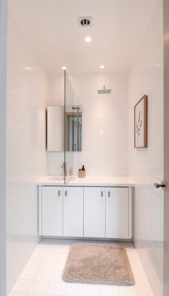 A cozy and well-designed small bathroom with a clean, modern aesthetic. The room features a sleek vanity with a minimalist sink and ample storage space. A large, frameless mirror brightens the space, complemented by soft, recessed lighting that casts a warm glow. Crisp white tiles line the walls and floor, creating a sense of openness and cleanliness. A compact, yet stylish, rainfall showerhead is installed, and a glass partition seamlessly separates the shower area. Understated, neutral-toned decor and accessories, such as a plush bath mat and a simple, botanical-inspired piece of wall art, add a touch of elegance and personality to the space.