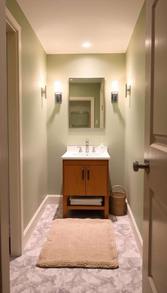 A cozy and well-designed small bathroom with a tasteful color scheme. The walls are painted in a soft, soothing shade of sage green, creating a calming and serene atmosphere. The floor tiles are a mix of gray and white, adding visual interest and a modern touch. The vanity is a warm, wooden tone that complements the green walls, and the mirror above it has a sleek, minimalist frame. Soft lighting from wall sconces casts a gentle glow, highlighting the clean and streamlined aesthetic. A plush, textured bath mat in a complementary hue ties the whole look together, creating a spa-like ambiance in this efficiently designed small space. A cozy and well-designed small bathroom with a tasteful color scheme. The walls are painted in a soft, soothing shade of sage green, creating a calming and serene atmosphere. The floor tiles are a mix of gray and white, adding visual interest and a modern touch. The vanity is a warm, wooden tone that complements the green walls, and the mirror above it has a sleek, minimalist frame. Soft lighting from wall sconces casts a gentle glow, highlighting the clean and streamlined aesthetic. A plush, textured bath mat in a complementary hue ties the whole look together, creating a spa-like ambiance in this efficiently designed small space.