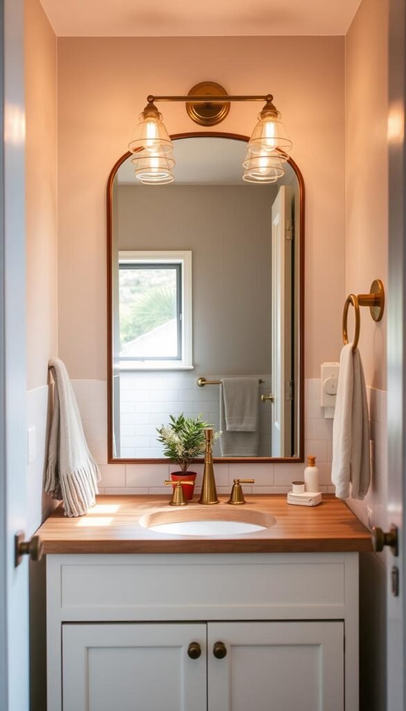 A cozy and well-lit small bathroom with a focal point vanity featuring a large, elegant mirror surrounded by eye-catching brass lighting fixtures. The mirror reflects the room's minimalist yet warm decor, including a natural wood vanity top, white subway tiles, and subtle pops of greenery in the form of a small potted plant. Soft, ambient lighting from the brass fixtures creates a relaxing, spa-like atmosphere, while natural light streams in from a window, illuminating the space. The overall composition emphasizes the interplay of mirrors, lighting, and carefully selected decor elements to make the most of a compact bathroom layout. A cozy and well-lit small bathroom with a focal point vanity featuring a large, elegant mirror surrounded by eye-catching brass lighting fixtures. The mirror reflects the room's minimalist yet warm decor, including a natural wood vanity top, white subway tiles, and subtle pops of greenery in the form of a small potted plant. Soft, ambient lighting from the brass fixtures creates a relaxing, spa-like atmosphere, while natural light streams in from a window, illuminating the space. The overall composition emphasizes the interplay of mirrors, lighting, and carefully selected decor elements to make the most of a compact bathroom layout.