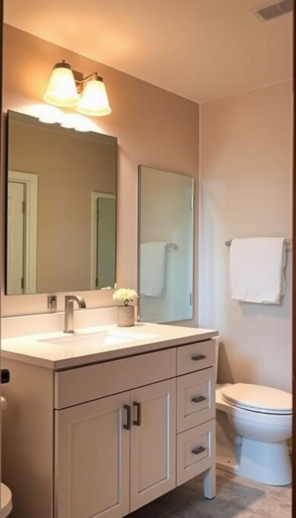 A cozy bathroom with a freshly updated vanity takes center stage. In the foreground, a sleek, modern vanity with a clean, white countertop and minimalist hardware stands proudly. Overhead, soft, warm lighting casts a gentle glow, accentuating the vanity's clean lines and creating a welcoming ambiance. In the middle ground, a large mirror reflects the space, adding depth and a sense of openness. The background features neutral-toned tiles, creating a cohesive and soothing atmosphere. The overall mood is one of simplicity, relaxation, and a touch of DIY charm, perfectly capturing the essence of a bathroom vanity makeover. A cozy bathroom with a freshly updated vanity takes center stage. In the foreground, a sleek, modern vanity with a clean, white countertop and minimalist hardware stands proudly. Overhead, soft, warm lighting casts a gentle glow, accentuating the vanity's clean lines and creating a welcoming ambiance. In the middle ground, a large mirror reflects the space, adding depth and a sense of openness. The background features neutral-toned tiles, creating a cohesive and soothing atmosphere. The overall mood is one of simplicity, relaxation, and a touch of DIY charm, perfectly capturing the essence of a bathroom vanity makeover.