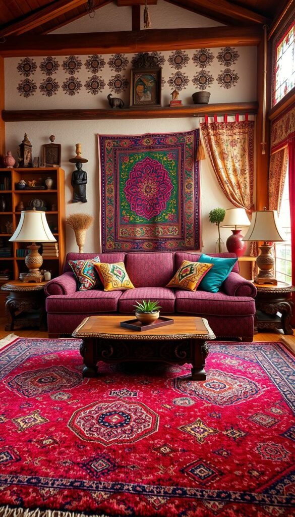 A cozy, inviting ethnic living room design with a harmonious blend of vibrant colors, natural textures, and traditional decor elements. In the foreground, a plush, patterned area rug anchors the space, complemented by a low, wooden coffee table adorned with intricate carvings. Mid-ground features a comfortable, L-shaped sofa upholstered in a rich, jewel-toned fabric, accented by colorful throw pillows. Flanking the sofa, a pair of ornate, carved wooden side tables hold traditional lamps with ornate shades. In the background, a feature wall showcases a vibrant, handwoven tapestry, while wooden shelves display an eclectic array of ethnic decor and trinkets. The room is illuminated by a combination of warm, ambient lighting and natural sunlight filtering through ornate, patterned window treatments. An overall cozy, inviting atmosphere that celebrates diverse cultural influences. A cozy, inviting ethnic living room design with a harmonious blend of vibrant colors, natural textures, and traditional decor elements. In the foreground, a plush, patterned area rug anchors the space, complemented by a low, wooden coffee table adorned with intricate carvings. Mid-ground features a comfortable, L-shaped sofa upholstered in a rich, jewel-toned fabric, accented by colorful throw pillows. Flanking the sofa, a pair of ornate, carved wooden side tables hold traditional lamps with ornate shades. In the background, a feature wall showcases a vibrant, handwoven tapestry, while wooden shelves display an eclectic array of ethnic decor and trinkets. The room is illuminated by a combination of warm, ambient lighting and natural sunlight filtering through ornate, patterned window treatments. An overall cozy, inviting atmosphere that celebrates diverse cultural influences.
