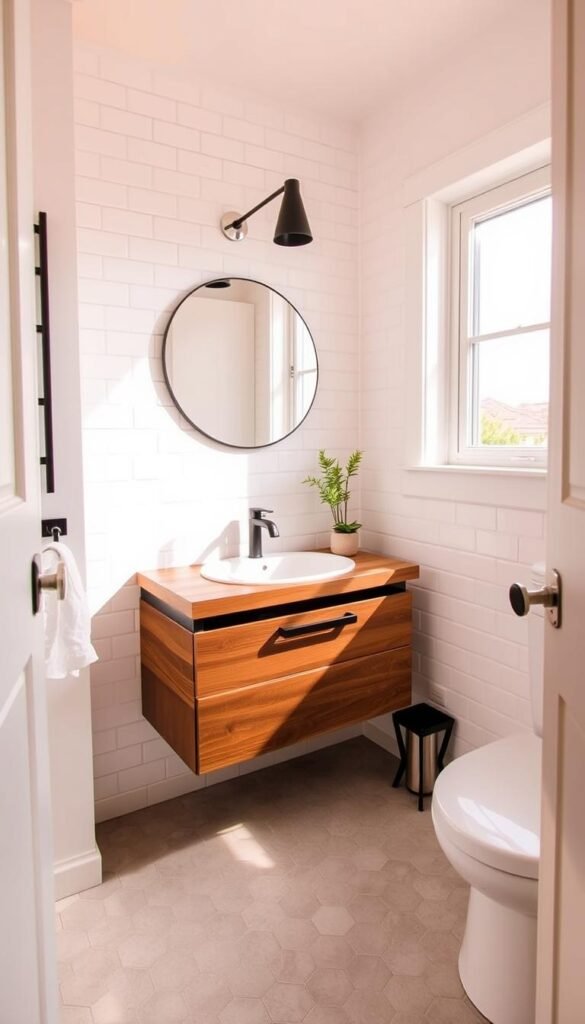A cozy, inviting small bathroom with a modern, budget-friendly makeover. The room is bathed in warm, natural light from a large window, casting a soft glow over the clean, minimalist decor. White subway tiles line the walls, complemented by sleek, matte black fixtures and vanity. A floating wood-grain vanity top provides ample storage space, while a simple round mirror above adds a touch of elegance. The floor is covered in neutral-toned hexagonal tiles, creating a visually interesting pattern. Subtle pops of greenery, such as a small potted plant, add a refreshing touch. The overall atmosphere is calming and spa-like, showcasing how a small bathroom can be transformed on a budget. A cozy, inviting small bathroom with a modern, budget-friendly makeover. The room is bathed in warm, natural light from a large window, casting a soft glow over the clean, minimalist decor. White subway tiles line the walls, complemented by sleek, matte black fixtures and vanity. A floating wood-grain vanity top provides ample storage space, while a simple round mirror above adds a touch of elegance. The floor is covered in neutral-toned hexagonal tiles, creating a visually interesting pattern. Subtle pops of greenery, such as a small potted plant, add a refreshing touch. The overall atmosphere is calming and spa-like, showcasing how a small bathroom can be transformed on a budget.