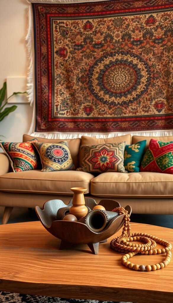 A cozy living room with a harmonious blend of cultural elements. Warm lighting illuminates a richly textured tapestry on the wall, its intricate patterns juxtaposed with the clean lines of a mid-century modern sofa. On the coffee table, a carved wooden bowl holds an assortment of global trinkets - a terracotta figurine, a brass incense holder, and a string of beaded jewelry. Plush pillows in vibrant hues and patterns create a welcoming, inclusive atmosphere. The overall scene conveys a sense of thoughtful, ethical cultural mixing, where diverse traditions coexist in a visually striking, yet balanced and inviting home decor. A cozy living room with a harmonious blend of cultural elements. Warm lighting illuminates a richly textured tapestry on the wall, its intricate patterns juxtaposed with the clean lines of a mid-century modern sofa. On the coffee table, a carved wooden bowl holds an assortment of global trinkets - a terracotta figurine, a brass incense holder, and a string of beaded jewelry. Plush pillows in vibrant hues and patterns create a welcoming, inclusive atmosphere. The overall scene conveys a sense of thoughtful, ethical cultural mixing, where diverse traditions coexist in a visually striking, yet balanced and inviting home decor.