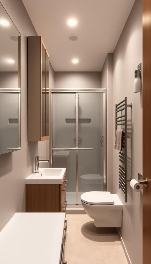 A cozy small bathroom interior with a focus on space-saving fixtures. In the foreground, a sleek wall-mounted vanity with minimalist drawers and a compact sink. Above it, a recessed medicine cabinet with mirrored doors, maximizing storage without encroaching on floor space. In the middle, a corner shower enclosure with a sliding glass door, its clean lines and transparent panels creating an illusion of openness. The background features a floating toilet and a slim towel rack mounted on the wall, strategically placed to optimize the limited square footage. Warm, diffused lighting from recessed ceiling fixtures and sconces creates a calming, spa-like ambiance, while the color palette of soft grays and whites enhances the sense of openness. The overall design seamlessly blends functionality and aesthetic appeal, making the most of a small bathroom's potential.