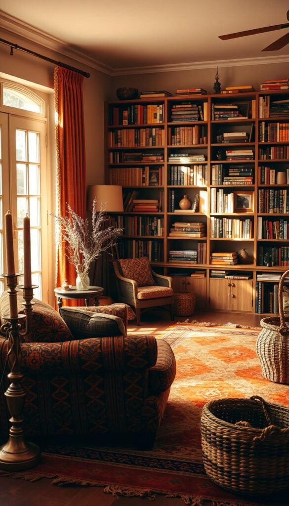 A cozy, sun-drenched Afrohemian living room, bathed in warm earth tones. In the foreground, an overstuffed armchair upholstered in a rich, vibrant kente cloth pattern. Ornate brass candlesticks and a woven basket with dried flowers accent the space. The middle ground features a large, hand-woven area rug in shades of ochre, terracotta, and mustard, anchoring the room. In the background, a floor-to-ceiling bookshelf displays an eclectic mix of vintage books and decorative tchotchkes, casting soft, diffused lighting. The entire scene is infused with a sense of cultural celebration and profound comfort. A cozy, sun-drenched Afrohemian living room, bathed in warm earth tones. In the foreground, an overstuffed armchair upholstered in a rich, vibrant kente cloth pattern. Ornate brass candlesticks and a woven basket with dried flowers accent the space. The middle ground features a large, hand-woven area rug in shades of ochre, terracotta, and mustard, anchoring the room. In the background, a floor-to-ceiling bookshelf displays an eclectic mix of vintage books and decorative tchotchkes, casting soft, diffused lighting. The entire scene is infused with a sense of cultural celebration and profound comfort.