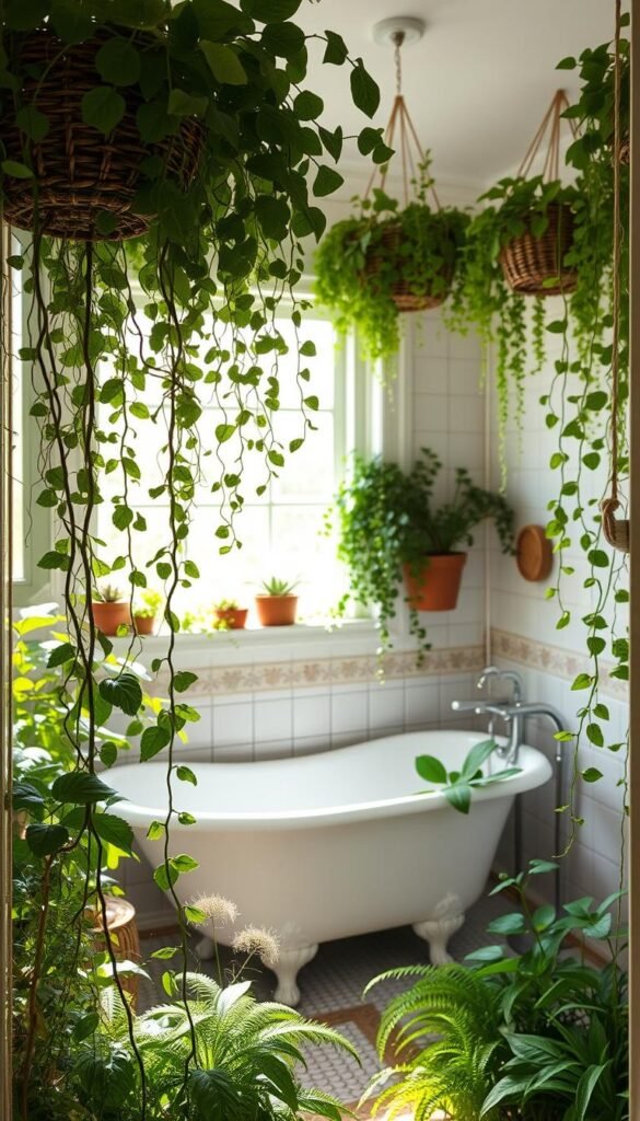 A cozy, sun-drenched bathroom with lush, verdant greenery cascading from hanging baskets and potted plants. The foreground features a mix of trailing vines, delicate ferns, and vibrant leaves, creating a natural, earthy atmosphere. In the middle ground, a vintage claw-foot tub sits nestled among the foliage, inviting relaxation. The background showcases a tiled wall with a large window, allowing natural light to pour in and illuminate the serene scene. The overall mood is one of tranquility and a connection to the outdoors, perfect for a small bathroom oasis. A cozy, sun-drenched bathroom with lush, verdant greenery cascading from hanging baskets and potted plants. The foreground features a mix of trailing vines, delicate ferns, and vibrant leaves, creating a natural, earthy atmosphere. In the middle ground, a vintage claw-foot tub sits nestled among the foliage, inviting relaxation. The background showcases a tiled wall with a large window, allowing natural light to pour in and illuminate the serene scene. The overall mood is one of tranquility and a connection to the outdoors, perfect for a small bathroom oasis.