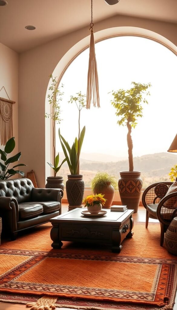 A cozy, sun-drenched living room with a global style aesthetic. In the foreground, a plush, handwoven area rug in warm ochre and terracotta tones. Anchoring the space, a low, wooden coffee table with intricate tribal carvings. Arranged around it, an eclectic mix of seating - a tufted leather armchair, a rattan loveseat, and a pair of floor cushions in vibrant ikat prints. Hanging above, a macrame wall hanging casts playful shadows. The middle ground features tall, potted plants in carved ceramic planters, their lush foliage spilling over. Through the large, arched window, a vista of lush, rolling hills under a golden, late afternoon sky. The lighting is soft and diffused, creating a serene, contemplative atmosphere. A cozy, sun-drenched living room with a global style aesthetic. In the foreground, a plush, handwoven area rug in warm ochre and terracotta tones. Anchoring the space, a low, wooden coffee table with intricate tribal carvings. Arranged around it, an eclectic mix of seating - a tufted leather armchair, a rattan loveseat, and a pair of floor cushions in vibrant ikat prints. Hanging above, a macrame wall hanging casts playful shadows. The middle ground features tall, potted plants in carved ceramic planters, their lush foliage spilling over. Through the large, arched window, a vista of lush, rolling hills under a golden, late afternoon sky. The lighting is soft and diffused, creating a serene, contemplative atmosphere.