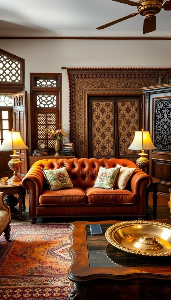 A cozy, well-appointed Indian vintage living room filled with rich, earthy tones and natural textures. In the foreground, a plush, tufted chesterfield sofa adorned with embroidered cushions and a handwoven wool rug. Brass lamps and carved wooden side tables flank the sofa, casting a warm, ambient glow. In the middle ground, a large, intricately patterned tapestry hangs on the wall, complemented by intricate carved window frames and a heavy, ornate door. The background features a glimpse of a traditional Indian jali screen and a brass thali tray on a sturdy, carved wooden table. The overall atmosphere is one of timeless elegance and cultural heritage. A cozy, well-appointed Indian vintage living room filled with rich, earthy tones and natural textures. In the foreground, a plush, tufted chesterfield sofa adorned with embroidered cushions and a handwoven wool rug. Brass lamps and carved wooden side tables flank the sofa, casting a warm, ambient glow. In the middle ground, a large, intricately patterned tapestry hangs on the wall, complemented by intricate carved window frames and a heavy, ornate door. The background features a glimpse of a traditional Indian jali screen and a brass thali tray on a sturdy, carved wooden table. The overall atmosphere is one of timeless elegance and cultural heritage.