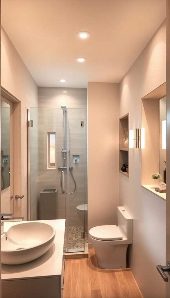 A cozy, well-designed small bathroom with clean, minimalist styling. The foreground features a modern, floating vanity with sleek fixtures and a vessel sink. The middle ground showcases a compact, frameless glass shower enclosure reflecting the room's natural light. The background highlights a soothing, neutral-toned wall tile pattern and a small, recessed shelving unit displaying decorative elements. The lighting is a combination of warm, recessed ceiling fixtures and sconces flanking the vanity mirror, creating a relaxing ambiance. The overall composition emphasizes efficient space utilization and a cohesive, spa-like aesthetic. A cozy, well-designed small bathroom with clean, minimalist styling. The foreground features a modern, floating vanity with sleek fixtures and a vessel sink. The middle ground showcases a compact, frameless glass shower enclosure reflecting the room's natural light. The background highlights a soothing, neutral-toned wall tile pattern and a small, recessed shelving unit displaying decorative elements. The lighting is a combination of warm, recessed ceiling fixtures and sconces flanking the vanity mirror, creating a relaxing ambiance. The overall composition emphasizes efficient space utilization and a cohesive, spa-like aesthetic.