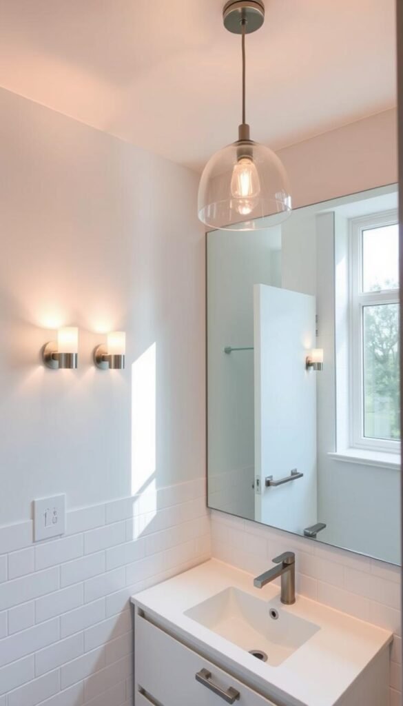 A cozy, well-lit bathroom with a modern, minimalist design. Soft, warm lighting emanates from sconces on the walls, casting a flattering glow on the crisp white tiles and sleek vanity. The large frameless mirror reflects the light, creating a sense of depth and airiness. Overhead, a contemporary pendant light with a subtle metallic finish illuminates the space. The fixtures and hardware have a brushed nickel finish, complementing the overall clean, elegant aesthetic. The window lets in natural daylight, blending seamlessly with the artificial lighting to create a soothing, tranquil ambiance - the perfect setting for a relaxing, spa-like bathroom experience. A cozy, well-lit bathroom with a modern, minimalist design. Soft, warm lighting emanates from sconces on the walls, casting a flattering glow on the crisp white tiles and sleek vanity. The large frameless mirror reflects the light, creating a sense of depth and airiness. Overhead, a contemporary pendant light with a subtle metallic finish illuminates the space. The fixtures and hardware have a brushed nickel finish, complementing the overall clean, elegant aesthetic. The window lets in natural daylight, blending seamlessly with the artificial lighting to create a soothing, tranquil ambiance - the perfect setting for a relaxing, spa-like bathroom experience.
