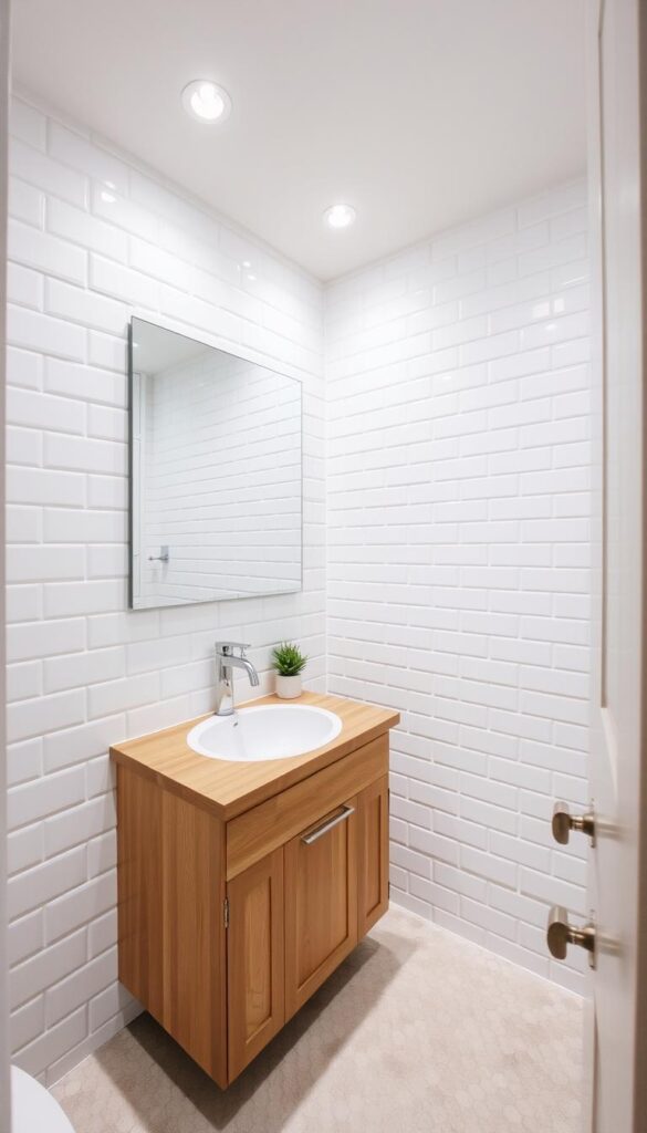 A cozy, well-lit bathroom with a simple, minimalist aesthetic. The walls are adorned with clean, white subway tiles, complemented by a sleek, chrome-finished faucet and soap dispenser. The vanity features a wooden countertop and a single sink, with ample storage space underneath. A large, frameless mirror dominates the space, creating an illusion of depth and amplifying the sense of openness. The floor is covered in neutral-toned, hexagonal tiles, adding a touch of visual interest. Recessed lighting casts a warm, inviting glow, while a small, potted plant on the vanity adds a natural, refreshing element. The overall atmosphere is one of practicality, efficiency, and understated elegance.