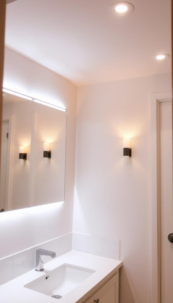 A cozy, well-lit bathroom with a soft, warm glow illuminating the space. The vanity features a linear LED light fixture casting an even, diffused light across the counter and mirror, accentuating the bathroom's elegant, minimalist design. Soft, dimmable sconces flank the mirror, providing a flattering, shadow-free lighting that enhances the facial features. Recessed ceiling lights bathe the room in a gentle, ambient luminance, creating a serene, spa-like atmosphere. The light sources are thoughtfully positioned to showcase the bathroom's clean, sophisticated aesthetic while ensuring optimal functionality and comfort. A cozy, well-lit bathroom with a soft, warm glow illuminating the space. The vanity features a linear LED light fixture casting an even, diffused light across the counter and mirror, accentuating the bathroom's elegant, minimalist design. Soft, dimmable sconces flank the mirror, providing a flattering, shadow-free lighting that enhances the facial features. Recessed ceiling lights bathe the room in a gentle, ambient luminance, creating a serene, spa-like atmosphere. The light sources are thoughtfully positioned to showcase the bathroom's clean, sophisticated aesthetic while ensuring optimal functionality and comfort.