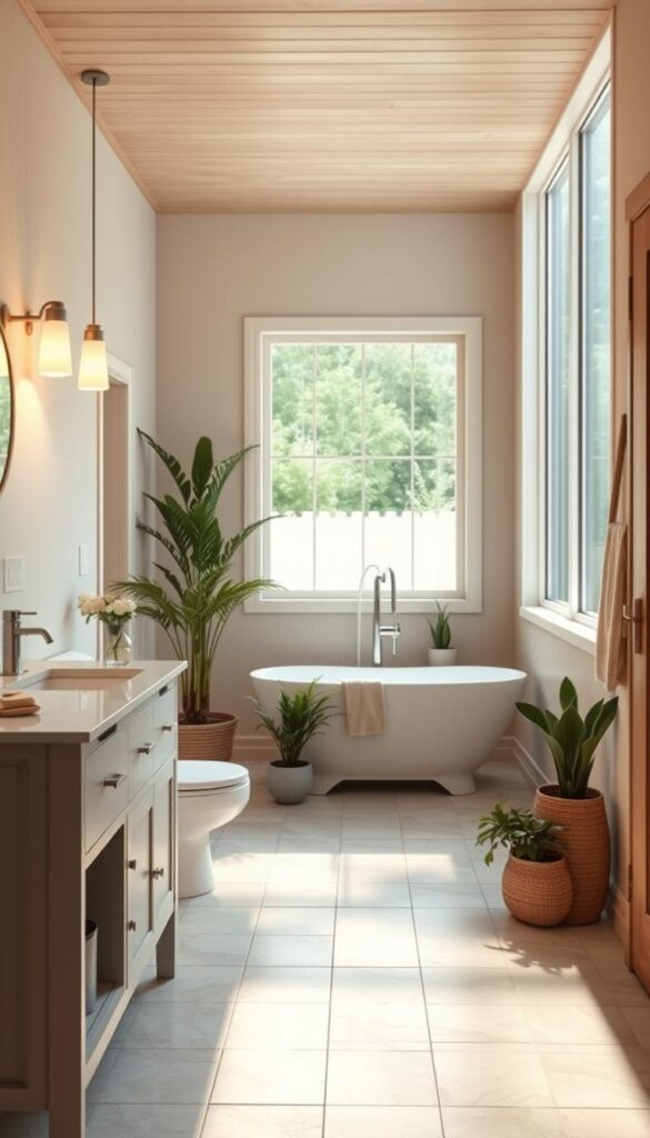 A cozy, well-lit bathroom with a warm, inviting atmosphere. The foreground features a modern, budget-friendly vanity with a sleek, minimalist design and storage space. In the middle ground, a simple, yet elegant freestanding tub sits on a tiled floor, surrounded by natural elements like potted plants. The background showcases a large window that floods the space with natural light, creating a sense of openness and airiness. The overall color palette is a harmonious blend of soft neutrals, natural wood tones, and pops of greenery, conveying a soothing, spa-like ambiance.