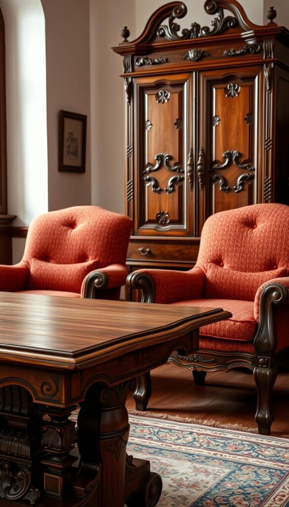 A cozy, well-lit interior setting featuring an arrangement of antique wooden furniture pieces. In the foreground, a sturdy, carved wooden table with intricate detailing and a smooth, weathered finish stands prominently. Surrounding it, a pair of matching armchairs upholstered in rich, textured fabrics, their designs reflecting the era's craftsmanship. In the middle ground, a tall, ornate wooden dresser with intricate carvings and brass hardware adds depth and character to the scene. The background is softly lit, highlighting the warm, golden tones of the wood and creating a inviting, timeless atmosphere. The overall composition conveys a sense of elegance, tradition, and the enduring beauty of these antique wooden furniture pieces. A cozy, well-lit interior setting featuring an arrangement of antique wooden furniture pieces. In the foreground, a sturdy, carved wooden table with intricate detailing and a smooth, weathered finish stands prominently. Surrounding it, a pair of matching armchairs upholstered in rich, textured fabrics, their designs reflecting the era's craftsmanship. In the middle ground, a tall, ornate wooden dresser with intricate carvings and brass hardware adds depth and character to the scene. The background is softly lit, highlighting the warm, golden tones of the wood and creating a inviting, timeless atmosphere. The overall composition conveys a sense of elegance, tradition, and the enduring beauty of these antique wooden furniture pieces.