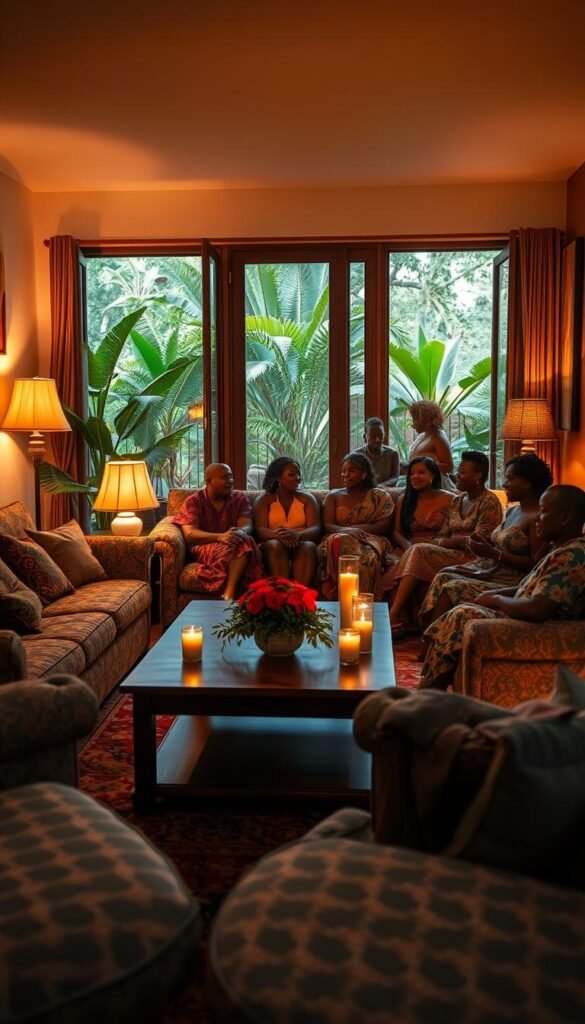 A cozy, well-lit living room with plush, richly patterned seating arranged around a low, wooden coffee table. The walls are adorned with vibrant, Afrocentric artwork and textiles, creating a warm, inviting atmosphere. Soft, indirect lighting from floor lamps and candles casts a gentle glow, highlighting the intricate details and textures throughout the space. In the middle ground, a group of friends and family members engage in lively conversation, their faces alight with joy and cultural connection. The background features large, open windows that frame a lush, verdant outdoor scene, blending the indoor and outdoor spaces seamlessly. A cozy, well-lit living room with plush, richly patterned seating arranged around a low, wooden coffee table. The walls are adorned with vibrant, Afrocentric artwork and textiles, creating a warm, inviting atmosphere. Soft, indirect lighting from floor lamps and candles casts a gentle glow, highlighting the intricate details and textures throughout the space. In the middle ground, a group of friends and family members engage in lively conversation, their faces alight with joy and cultural connection. The background features large, open windows that frame a lush, verdant outdoor scene, blending the indoor and outdoor spaces seamlessly.