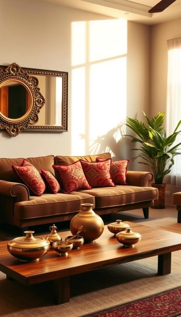A cozy, well-lit modern Indian living room with warm, earthy tones and natural textures. In the foreground, a plush, inviting sofa adorned with vibrant, intricately patterned throw pillows. On the wall, a large, ornate mirror reflects the space, casting a soft, ambient glow. In the middle ground, a low, wooden coffee table displays a collection of brass and ceramic home decor pieces, infusing the room with a touch of traditional Indian elegance. The background features a large window, allowing natural light to pour in and illuminate the space, showcasing the room's minimalist, yet sophisticated design aesthetic. A cozy, well-lit modern Indian living room with warm, earthy tones and natural textures. In the foreground, a plush, inviting sofa adorned with vibrant, intricately patterned throw pillows. On the wall, a large, ornate mirror reflects the space, casting a soft, ambient glow. In the middle ground, a low, wooden coffee table displays a collection of brass and ceramic home decor pieces, infusing the room with a touch of traditional Indian elegance. The background features a large window, allowing natural light to pour in and illuminate the space, showcasing the room's minimalist, yet sophisticated design aesthetic.