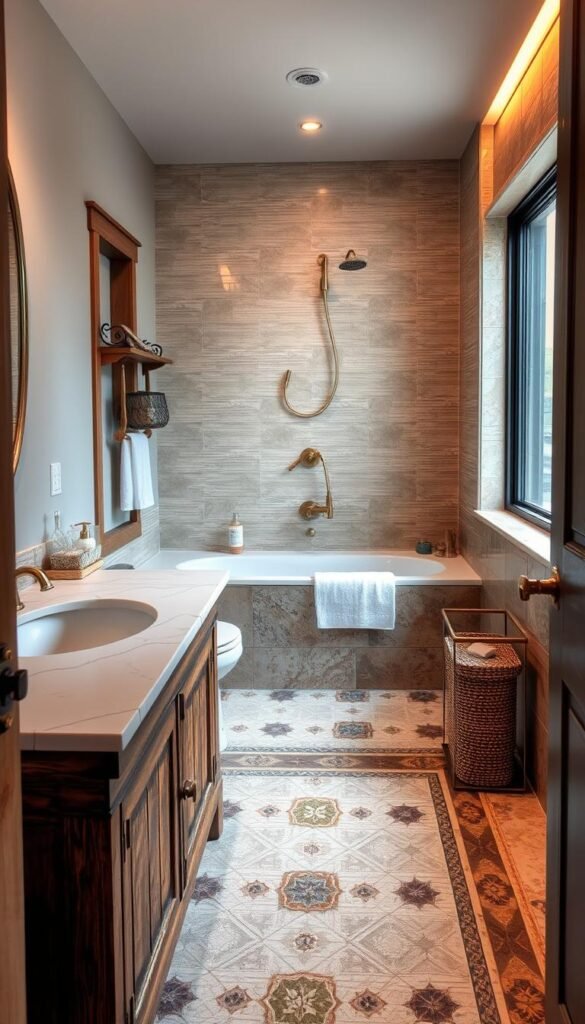 A cozy, well-lit small bathroom with a mix of natural materials and textures. In the foreground, a rustic wooden vanity with a marble countertop and brass fixtures. On the middle ground, a patterned tile floor with accents of stone and ceramic. In the background, a textured tile wall in a neutral color palette, complemented by a large window that allows natural light to flood the space. Warm, indirect lighting creates a soothing, spa-like atmosphere, highlighting the interplay of materials and their tactile qualities. A cozy, well-lit small bathroom with a mix of natural materials and textures. In the foreground, a rustic wooden vanity with a marble countertop and brass fixtures. On the middle ground, a patterned tile floor with accents of stone and ceramic. In the background, a textured tile wall in a neutral color palette, complemented by a large window that allows natural light to flood the space. Warm, indirect lighting creates a soothing, spa-like atmosphere, highlighting the interplay of materials and their tactile qualities.