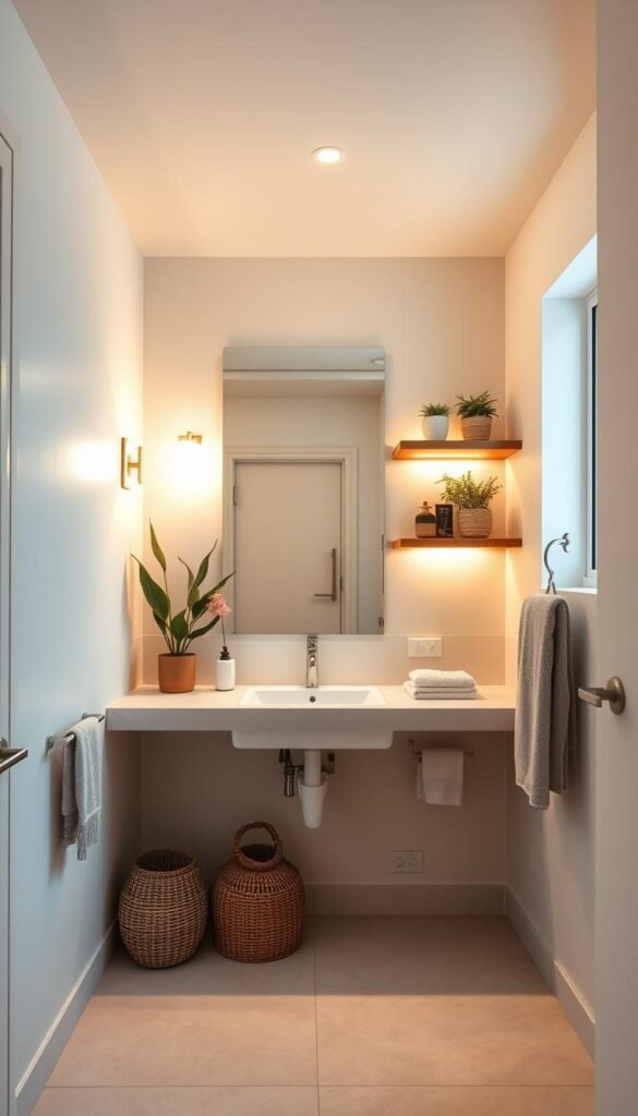 A cozy, well-lit small bathroom with a modern, minimalist aesthetic. Soft, warm lighting illuminates a large vanity mirror framed by sconce lights, creating a inviting ambiance. The mirror is flanked by floating shelves displaying decorative plants and personal items. The tile floor in a soothing neutral tone seamlessly transitions to the walls, creating a cohesive, spacious feel. Subtle textures, such as woven baskets and plush towels, add depth and warmth to the compact layout. The overall design maximizes the limited square footage while exuding a sense of calm and functionality. A cozy, well-lit small bathroom with a modern, minimalist aesthetic. Soft, warm lighting illuminates a large vanity mirror framed by sconce lights, creating a inviting ambiance. The mirror is flanked by floating shelves displaying decorative plants and personal items. The tile floor in a soothing neutral tone seamlessly transitions to the walls, creating a cohesive, spacious feel. Subtle textures, such as woven baskets and plush towels, add depth and warmth to the compact layout. The overall design maximizes the limited square footage while exuding a sense of calm and functionality.