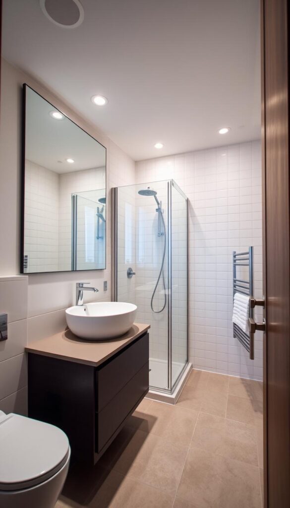 A cozy, well-organized small bathroom with a modern, minimalist aesthetic. The foreground features a sleek vanity with a floating sink and ample storage space, complemented by a large, frameless mirror that creates the illusion of depth. The middle ground showcases a compact, space-saving shower enclosure with a glass door, allowing natural light to flow through. The background features clean, white tile walls and a simple, yet functional towel rack. Subtle lighting, such as recessed ceiling lights, casts a warm, inviting glow throughout the room. The overall atmosphere conveys a sense of efficient, streamlined design that maximizes the limited square footage.