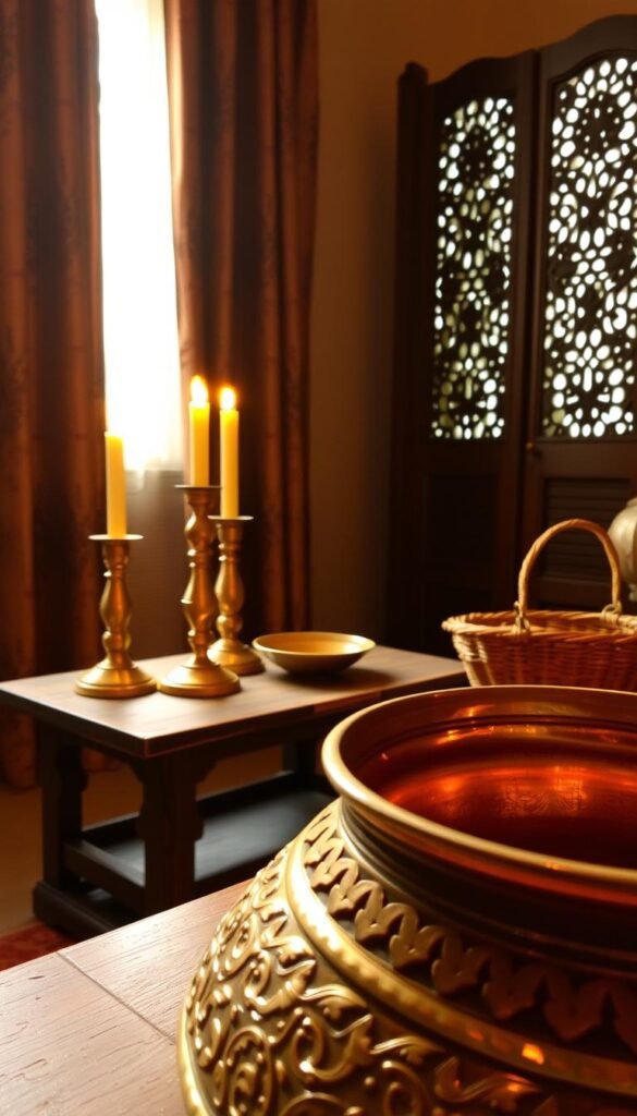 A dimly lit room, warm and cozy, showcasing a meticulously restored vintage Indian decor piece. In the foreground, the intricate patterns and ornate details of a traditional brass or copper vessel come into focus, its surface polished to a gleaming shine. Beside it, a collection of carefully curated accessories - brass candlesticks, a delicate ceramic bowl, and a woven basket - create a harmonious vignette. The middle ground features a weathered wooden table, its patina adding character to the scene. In the background, a glimpse of ornate curtains or a carved wooden screen hints at the rich cultural heritage of the space. The lighting is soft and indirect, casting a golden glow that enhances the timeless beauty of these cherished Indian vintage treasures. A dimly lit room, warm and cozy, showcasing a meticulously restored vintage Indian decor piece. In the foreground, the intricate patterns and ornate details of a traditional brass or copper vessel come into focus, its surface polished to a gleaming shine. Beside it, a collection of carefully curated accessories - brass candlesticks, a delicate ceramic bowl, and a woven basket - create a harmonious vignette. The middle ground features a weathered wooden table, its patina adding character to the scene. In the background, a glimpse of ornate curtains or a carved wooden screen hints at the rich cultural heritage of the space. The lighting is soft and indirect, casting a golden glow that enhances the timeless beauty of these cherished Indian vintage treasures.