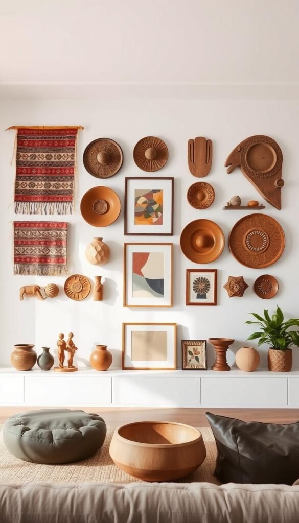 A gallery wall featuring a curated collection of globally inspired artifacts, displayed in a modern, minimalist living room. Foreground showcases a mix of textiles, ceramics, and carved wooden pieces from various cultural traditions, arranged in a balanced, visually striking layout. Middle ground includes a few framed artworks with abstract, geometric patterns in earthy tones. Background features clean, white walls with subtle shadows and a soft, even lighting, creating a serene, gallery-like atmosphere. The overall composition highlights the unique beauty and cultural significance of the displayed items, blending seamlessly with the contemporary decor. A gallery wall featuring a curated collection of globally inspired artifacts, displayed in a modern, minimalist living room. Foreground showcases a mix of textiles, ceramics, and carved wooden pieces from various cultural traditions, arranged in a balanced, visually striking layout. Middle ground includes a few framed artworks with abstract, geometric patterns in earthy tones. Background features clean, white walls with subtle shadows and a soft, even lighting, creating a serene, gallery-like atmosphere. The overall composition highlights the unique beauty and cultural significance of the displayed items, blending seamlessly with the contemporary decor.