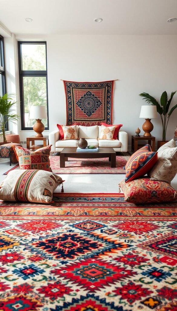 A harmonious fusion of diverse cultural influences, creating a balanced and visually captivating interior space. In the foreground, a vibrant patterned rug and decorative pillows blend colors and motifs from around the world. Midground features a sleek, modern furniture arrangement with ethnic-inspired accents, such as carved wooden side tables and a hanging tapestry. The background showcases a neutral, airy space with large windows allowing natural light to flood the room, accentuating the eclectic mix of textures and materials. Soft, diffused lighting sets a warm, inviting atmosphere, celebrating the unique blend of cultural elements that come together in this thoughtfully designed fusion space. A harmonious fusion of diverse cultural influences, creating a balanced and visually captivating interior space. In the foreground, a vibrant patterned rug and decorative pillows blend colors and motifs from around the world. Midground features a sleek, modern furniture arrangement with ethnic-inspired accents, such as carved wooden side tables and a hanging tapestry. The background showcases a neutral, airy space with large windows allowing natural light to flood the room, accentuating the eclectic mix of textures and materials. Soft, diffused lighting sets a warm, inviting atmosphere, celebrating the unique blend of cultural elements that come together in this thoughtfully designed fusion space.