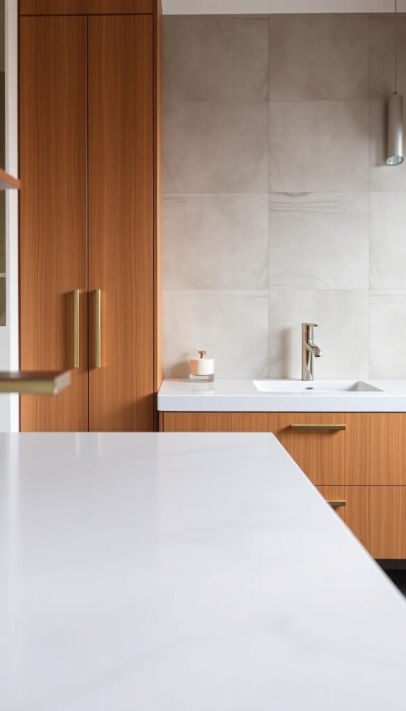 A high-quality contemporary bathroom vanity showcasing a range of modern materials and finishes. In the foreground, a sleek, minimalist vanity countertop in a smooth, lustrous quartz material, reflecting the soft, even lighting. In the middle ground, the vanity cabinet is crafted from warm, natural wood with a matte lacquer finish, complemented by metallic hardware in a brushed nickel or gold tone. Behind, the wall features a striking, textured tile backsplash in a neutral color palette, creating depth and visual interest. The overall scene conveys a sense of sophisticated, spa-like elegance, perfectly suited for a modern bathroom setting. A high-quality contemporary bathroom vanity showcasing a range of modern materials and finishes. In the foreground, a sleek, minimalist vanity countertop in a smooth, lustrous quartz material, reflecting the soft, even lighting. In the middle ground, the vanity cabinet is crafted from warm, natural wood with a matte lacquer finish, complemented by metallic hardware in a brushed nickel or gold tone. Behind, the wall features a striking, textured tile backsplash in a neutral color palette, creating depth and visual interest. The overall scene conveys a sense of sophisticated, spa-like elegance, perfectly suited for a modern bathroom setting.