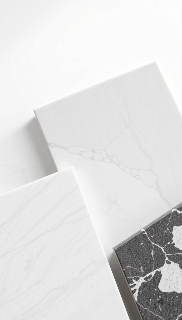 A high-resolution, detailed image of various modern bathroom vanity countertop materials, including sleek quartz, luxurious marble, and durable engineered stone, arranged in a visually appealing composition. The countertops are well-lit, showcasing their unique textures and patterns, set against a minimalist, bright background that accentuates their natural beauty. The image should convey a sense of sophistication, elegance, and practicality, reflecting the design aesthetic of a modern bathroom vanity. A high-resolution, detailed image of various modern bathroom vanity countertop materials, including sleek quartz, luxurious marble, and durable engineered stone, arranged in a visually appealing composition. The countertops are well-lit, showcasing their unique textures and patterns, set against a minimalist, bright background that accentuates their natural beauty. The image should convey a sense of sophistication, elegance, and practicality, reflecting the design aesthetic of a modern bathroom vanity.