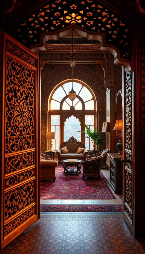 A lush, ornate Moroccan interior with intricate geometric patterns adorning the walls, floors, and furnishings. Warm, golden lighting casts a soft, inviting glow, creating an atmosphere of opulence and elegance. In the foreground, a carved wooden door frame with ornate latticework, leading into a spacious room filled with plush, jewel-toned textiles and hand-woven rugs. The middle ground features intricately carved wooden furniture, inlaid with mother-of-pearl and brass accents. In the background, a large, arched window floods the space with natural light, revealing the distant, snow-capped Atlas Mountains. The overall scene evokes a sense of timeless, Middle Eastern grandeur and craftsmanship. A lush, ornate Moroccan interior with intricate geometric patterns adorning the walls, floors, and furnishings. Warm, golden lighting casts a soft, inviting glow, creating an atmosphere of opulence and elegance. In the foreground, a carved wooden door frame with ornate latticework, leading into a spacious room filled with plush, jewel-toned textiles and hand-woven rugs. The middle ground features intricately carved wooden furniture, inlaid with mother-of-pearl and brass accents. In the background, a large, arched window floods the space with natural light, revealing the distant, snow-capped Atlas Mountains. The overall scene evokes a sense of timeless, Middle Eastern grandeur and craftsmanship.