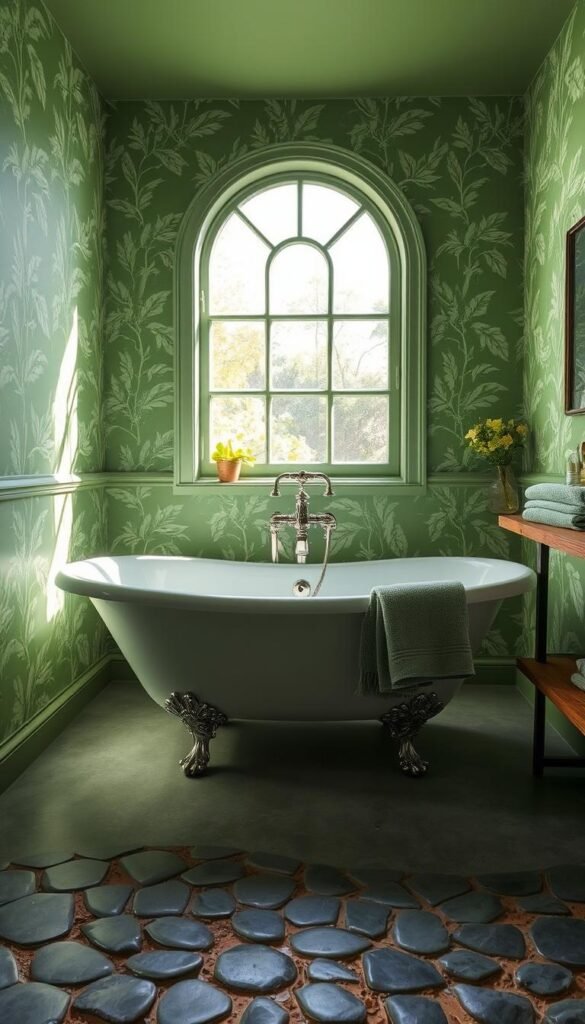 A lush, verdant bathroom with vibrant green walls that evoke the tranquility of a secluded garden oasis. The walls are adorned with a delicate botanical wallpaper, featuring intricate leaf patterns and soft pastel hues that dance in the natural light filtering through the large, arched window. The floor is covered in smooth, grey river stones, creating a soothing, earthy texture underfoot. A freestanding, claw-foot bathtub takes center stage, its gleaming porcelain surface reflecting the greenery that surrounds it. Towels in shades of sage and mint are neatly folded on a rustic wooden shelf, completing the serene, spa-like ambiance. A lush, verdant bathroom with vibrant green walls that evoke the tranquility of a secluded garden oasis. The walls are adorned with a delicate botanical wallpaper, featuring intricate leaf patterns and soft pastel hues that dance in the natural light filtering through the large, arched window. The floor is covered in smooth, grey river stones, creating a soothing, earthy texture underfoot. A freestanding, claw-foot bathtub takes center stage, its gleaming porcelain surface reflecting the greenery that surrounds it. Towels in shades of sage and mint are neatly folded on a rustic wooden shelf, completing the serene, spa-like ambiance.