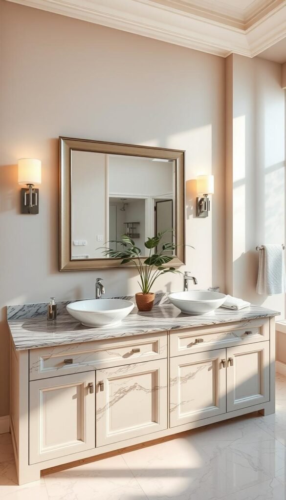 A luxurious bathroom vanity set against a backdrop of warm, natural lighting. The vanity features a sleek, granite countertop with twin vessel sinks, complemented by polished chrome fixtures. Elegant sconce lighting casts a soft glow, illuminating the intricate veining in the stone. The vanity's spacious drawers and cabinets provide ample storage, while a large, framed mirror above reflects the room's refined elegance. Plush, textured towels and a potted plant add finishing touches to this serene, high-end bathroom space. A luxurious bathroom vanity set against a backdrop of warm, natural lighting. The vanity features a sleek, granite countertop with twin vessel sinks, complemented by polished chrome fixtures. Elegant sconce lighting casts a soft glow, illuminating the intricate veining in the stone. The vanity's spacious drawers and cabinets provide ample storage, while a large, framed mirror above reflects the room's refined elegance. Plush, textured towels and a potted plant add finishing touches to this serene, high-end bathroom space.