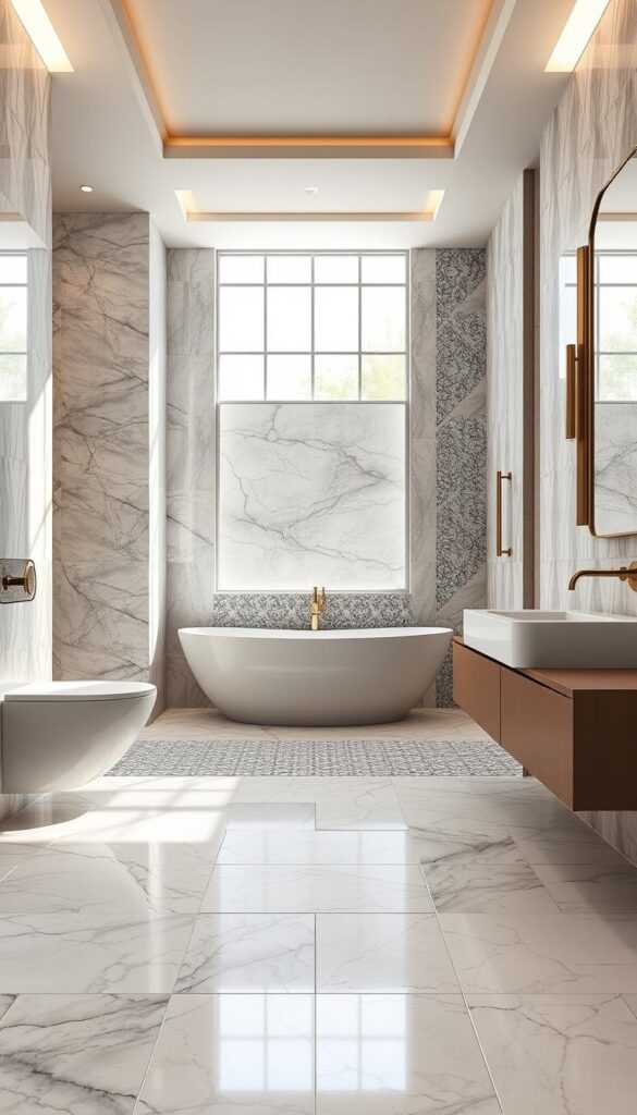 A luxurious bathroom with an elegant selection of high-end tile options. The foreground features a range of premium tiles in various textures and patterns, such as sleek marble, intricate mosaics, and polished porcelain. The middle ground showcases the tiles installed on the walls and floor, creating a cohesive and visually striking design. In the background, soft lighting from recessed fixtures and natural sunlight through large windows illuminate the space, evoking a sense of tranquility and sophistication. The overall composition highlights the beauty and versatility of the tile choices, inspiring a stunning bathroom renovation. A luxurious bathroom with an elegant selection of high-end tile options. The foreground features a range of premium tiles in various textures and patterns, such as sleek marble, intricate mosaics, and polished porcelain. The middle ground showcases the tiles installed on the walls and floor, creating a cohesive and visually striking design. In the background, soft lighting from recessed fixtures and natural sunlight through large windows illuminate the space, evoking a sense of tranquility and sophistication. The overall composition highlights the beauty and versatility of the tile choices, inspiring a stunning bathroom renovation.