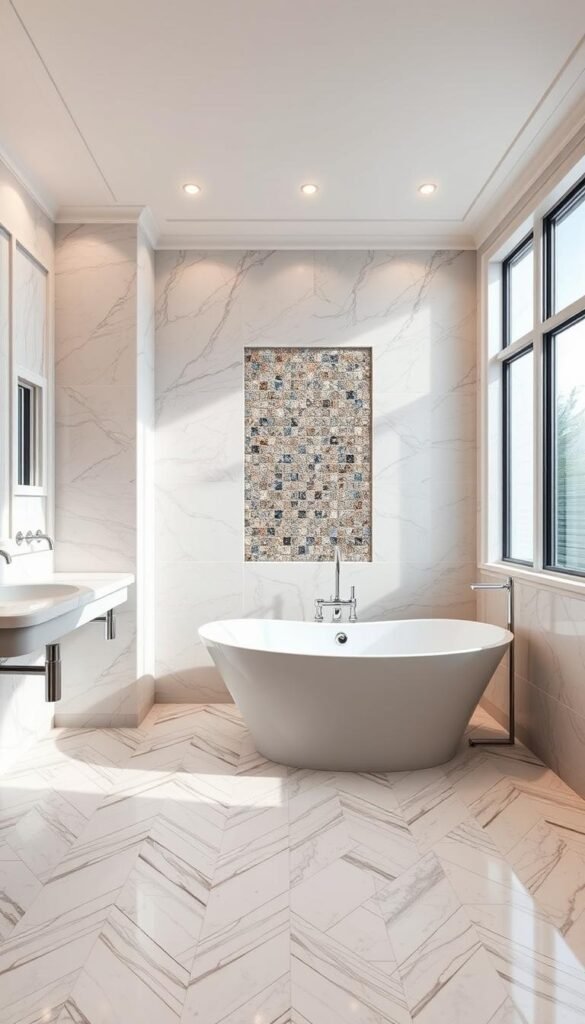 A luxurious bathroom with exquisitely crafted tile patterns covering the walls and floors. Gleaming marble tiles in a soothing neutral palette, arranged in a sophisticated herringbone design, catching the warm glow of recessed lighting. Polished chrome fixtures and fittings complement the elegant aesthetic. Intricate mosaic tiles in shimmering metallic accents create a focal point, drawing the eye to the spacious, freestanding bathtub. Large windows allow natural light to flood the room, creating a sense of brightness and tranquility. This serene, high-end bathroom exudes a timeless sophistication, epitomizing the pinnacle of luxury living.