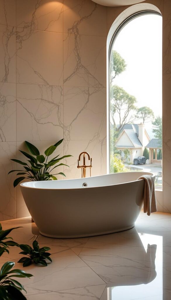 A luxurious freestanding bathtub set against a backdrop of exquisite marble tiles, illuminated by warm, soft lighting that casts a serene and inviting glow. The tub's elegant curves and gleaming finish reflect the image of the viewer, inviting them to sink into a relaxing, spa-like experience. Lush greenery and plush towels add to the sense of tranquility, while a large window frames a picturesque outdoor scene, blending the indoors and outdoors seamlessly. The scene exudes an atmosphere of opulence, comfort, and ultimate relaxation, perfectly capturing the essence of a luxurious, spa-inspired bathroom remodel. A luxurious freestanding bathtub set against a backdrop of exquisite marble tiles, illuminated by warm, soft lighting that casts a serene and inviting glow. The tub's elegant curves and gleaming finish reflect the image of the viewer, inviting them to sink into a relaxing, spa-like experience. Lush greenery and plush towels add to the sense of tranquility, while a large window frames a picturesque outdoor scene, blending the indoors and outdoors seamlessly. The scene exudes an atmosphere of opulence, comfort, and ultimate relaxation, perfectly capturing the essence of a luxurious, spa-inspired bathroom remodel.