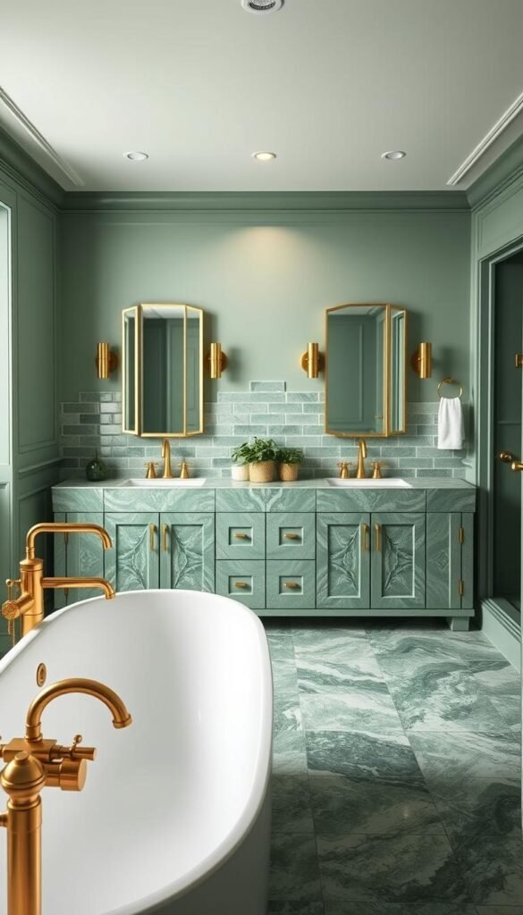 A luxurious green bathroom filled with shimmering brass fixtures. The foreground features a modern freestanding bathtub, its sleek curves complemented by a chic brass faucet and matching shower head. In the middle ground, a double vanity with green marble countertops and brass hardware stands tall, flanked by minimalist wall-mounted sinks. The background showcases an elegant subway tile backsplash in a soothing shade of green, creating a serene and cohesive atmosphere. Soft, diffused lighting casts a warm glow throughout the space, highlighting the rich textures and premium finishes. The overall scene exudes a sense of tranquility and sophistication, perfectly capturing the essence of a high-end green bathroom. A luxurious green bathroom filled with shimmering brass fixtures. The foreground features a modern freestanding bathtub, its sleek curves complemented by a chic brass faucet and matching shower head. In the middle ground, a double vanity with green marble countertops and brass hardware stands tall, flanked by minimalist wall-mounted sinks. The background showcases an elegant subway tile backsplash in a soothing shade of green, creating a serene and cohesive atmosphere. Soft, diffused lighting casts a warm glow throughout the space, highlighting the rich textures and premium finishes. The overall scene exudes a sense of tranquility and sophistication, perfectly capturing the essence of a high-end green bathroom.