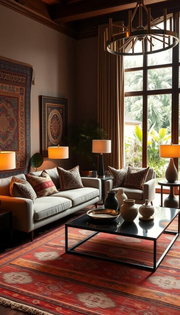 A luxurious living room with a warm, earthy palette. In the foreground, a hand-woven rug in vibrant hues anchors the space. On the walls, intricate tapestries and framed ethnic artwork add depth and cultural flair. Plush, textured pillows in bohemian patterns adorn a mid-century modern sofa. A sleek, contemporary coffee table is adorned with ornate metal trays and handcrafted ceramic vases. The lighting is a mix of soft, ambient floor lamps and a modern brass chandelier, creating a cozy, inviting atmosphere. The large windows in the background offer a glimpse of a lush, verdant garden, blending the indoor and outdoor spaces seamlessly. A luxurious living room with a warm, earthy palette. In the foreground, a hand-woven rug in vibrant hues anchors the space. On the walls, intricate tapestries and framed ethnic artwork add depth and cultural flair. Plush, textured pillows in bohemian patterns adorn a mid-century modern sofa. A sleek, contemporary coffee table is adorned with ornate metal trays and handcrafted ceramic vases. The lighting is a mix of soft, ambient floor lamps and a modern brass chandelier, creating a cozy, inviting atmosphere. The large windows in the background offer a glimpse of a lush, verdant garden, blending the indoor and outdoor spaces seamlessly.