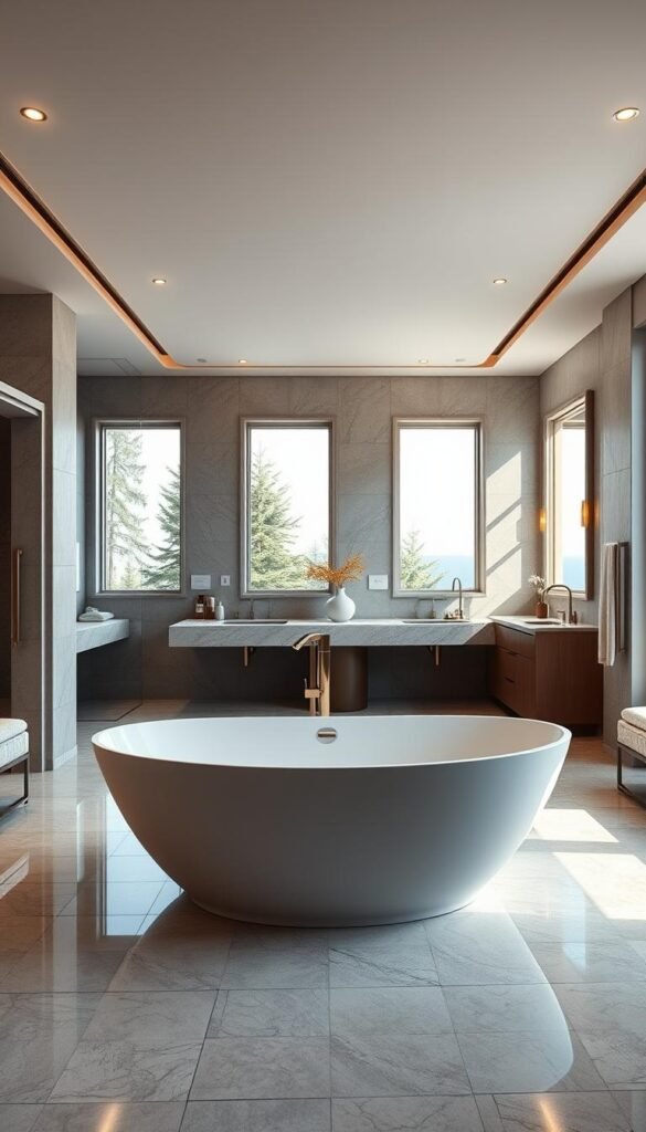 A luxurious, modern bathroom design with an elegant, spacious layout. The foreground features a large, freestanding bathtub with sleek, curved lines, positioned prominently in the center of the room. The middle ground showcases a double vanity with a marble countertop and minimalist, brushed metal fixtures. The background displays floor-to-ceiling windows, allowing natural light to flood the space and create a warm, inviting atmosphere. The room is accented with high-end finishes, such as polished tiles, plush textiles, and subtle, recessed lighting that casts a soft, ambient glow. The overall impression is one of refined sophistication and a spa-like ambiance. A luxurious, modern bathroom design with an elegant, spacious layout. The foreground features a large, freestanding bathtub with sleek, curved lines, positioned prominently in the center of the room. The middle ground showcases a double vanity with a marble countertop and minimalist, brushed metal fixtures. The background displays floor-to-ceiling windows, allowing natural light to flood the space and create a warm, inviting atmosphere. The room is accented with high-end finishes, such as polished tiles, plush textiles, and subtle, recessed lighting that casts a soft, ambient glow. The overall impression is one of refined sophistication and a spa-like ambiance.