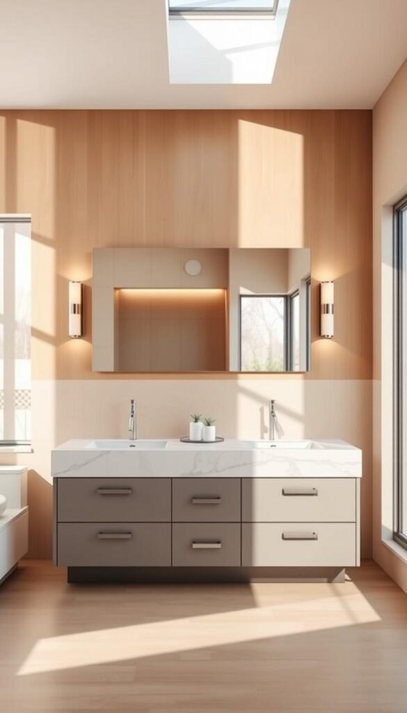 A luxurious modern bathroom vanity set against a warm, inviting backdrop. The vanity features a sleek, minimalist design with a large rectangular mirror, flanked by stylish wall sconces that cast a soft, ambient glow. The vanity top is made of a high-quality, natural stone material, such as marble or quartz, with a smooth, polished finish. The drawers and cabinets below have a muted, neutral color palette, complementing the overall modern aesthetic. The room is flooded with natural light, streaming in through large windows or a skylight, creating a bright and airy atmosphere. The floors are covered in a neutral-toned, high-quality tile or hardwood, adding to the sophisticated and cohesive look. The overall scene exudes a sense of tranquility, relaxation, and contemporary style. A luxurious modern bathroom vanity set against a warm, inviting backdrop. The vanity features a sleek, minimalist design with a large rectangular mirror, flanked by stylish wall sconces that cast a soft, ambient glow. The vanity top is made of a high-quality, natural stone material, such as marble or quartz, with a smooth, polished finish. The drawers and cabinets below have a muted, neutral color palette, complementing the overall modern aesthetic. The room is flooded with natural light, streaming in through large windows or a skylight, creating a bright and airy atmosphere. The floors are covered in a neutral-toned, high-quality tile or hardwood, adding to the sophisticated and cohesive look. The overall scene exudes a sense of tranquility, relaxation, and contemporary style.