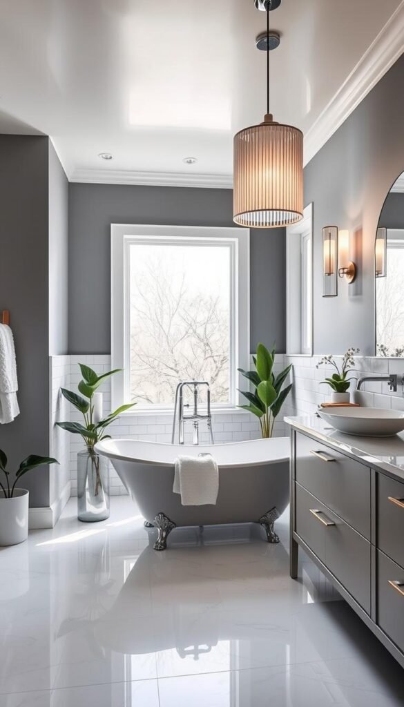 A luxurious, modern bathroom with clean lines and a spa-like ambiance. The centerpiece is a deep, clawfoot bathtub positioned near a large window, allowing natural light to flood the space. The walls are a soothing shade of gray, complemented by gleaming white subway tiles. Sleek, chrome fixtures and a minimalist vanity with a vessel sink create a cohesive, high-end aesthetic. Lush, green plants and plush, textured towels add warmth and a touch of nature. Soft, indirect lighting from recessed ceiling fixtures and a statement pendant lamp sets a relaxing, rejuvenating mood. A luxurious, modern bathroom with clean lines and a spa-like ambiance. The centerpiece is a deep, clawfoot bathtub positioned near a large window, allowing natural light to flood the space. The walls are a soothing shade of gray, complemented by gleaming white subway tiles. Sleek, chrome fixtures and a minimalist vanity with a vessel sink create a cohesive, high-end aesthetic. Lush, green plants and plush, textured towels add warmth and a touch of nature. Soft, indirect lighting from recessed ceiling fixtures and a statement pendant lamp sets a relaxing, rejuvenating mood.