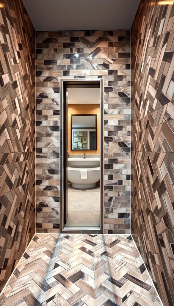 A luxurious, spa-like shower enclosure with an exquisite tile pattern covering the walls. The tiles are arranged in a visually striking herringbone layout, with a mix of glossy and matte finishes reflecting the warm, indirect lighting. The foreground showcases a close-up view of the tile texture, highlighting the subtle variations in color and the intricate grouting details. In the middle ground, the shower space opens up, revealing a glass door that allows a glimpse of the adjacent bathroom, creating a sense of openness and seamless integration. The background is softly blurred, maintaining the focus on the captivating tile design that evokes a serene, high-end ambiance. A luxurious, spa-like shower enclosure with an exquisite tile pattern covering the walls. The tiles are arranged in a visually striking herringbone layout, with a mix of glossy and matte finishes reflecting the warm, indirect lighting. The foreground showcases a close-up view of the tile texture, highlighting the subtle variations in color and the intricate grouting details. In the middle ground, the shower space opens up, revealing a glass door that allows a glimpse of the adjacent bathroom, creating a sense of openness and seamless integration. The background is softly blurred, maintaining the focus on the captivating tile design that evokes a serene, high-end ambiance.