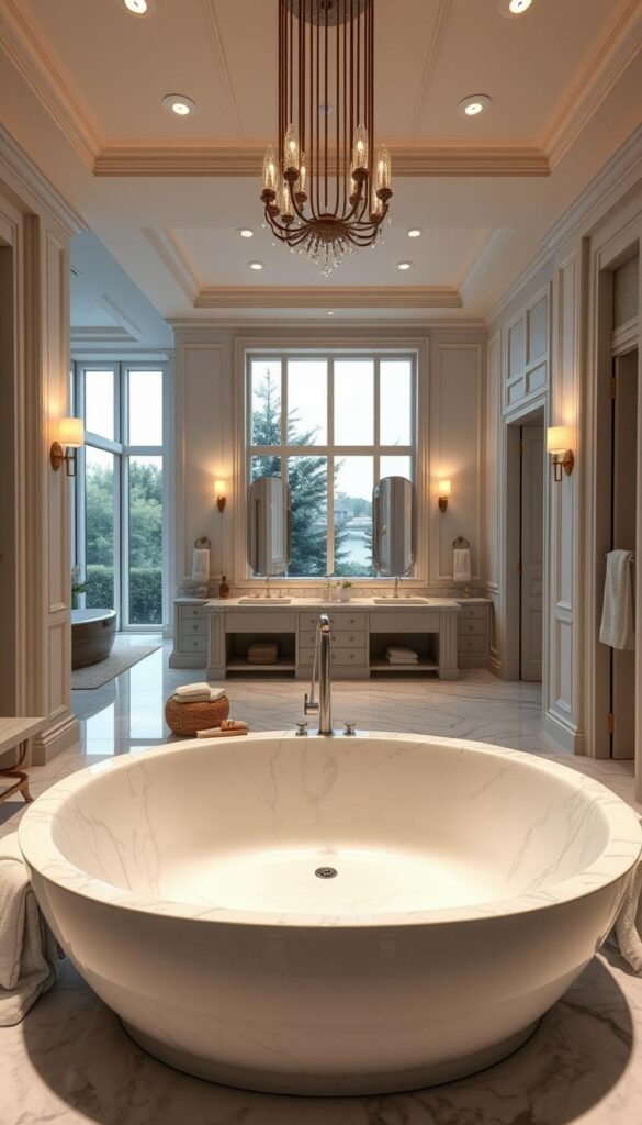 A luxurious, well-appointed bathroom with high-end finishes and elegant decor. The foreground features a freestanding bathtub made of smooth, gleaming marble, surrounded by plush towels and decorative accents. The middle ground showcases a large vanity with dual sinks, illuminated by warm, soft lighting from wall sconces. The background depicts a spacious, open layout with expansive windows allowing natural light to flood the space, creating a serene and tranquil atmosphere. The overall mood is one of indulgence and relaxation, evoking the feeling of a high-end spa retreat.