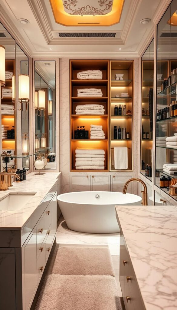 A luxurious, well-organized bathroom with gleaming marble countertops, sleek brass fixtures, and meticulously arranged high-end toiletries. Soft, warm lighting casts a gentle glow, creating an atmosphere of tranquility and sophistication. Mirrored cabinets and shelves display neatly organized towels, brushes, and other grooming essentials. The floor is covered in plush, neutral-toned tiles, and a large, freestanding tub sits in the center of the room, inviting relaxation. The overall impression is one of effortless elegance and attention to detail, perfectly capturing the essence of a luxury bathroom.