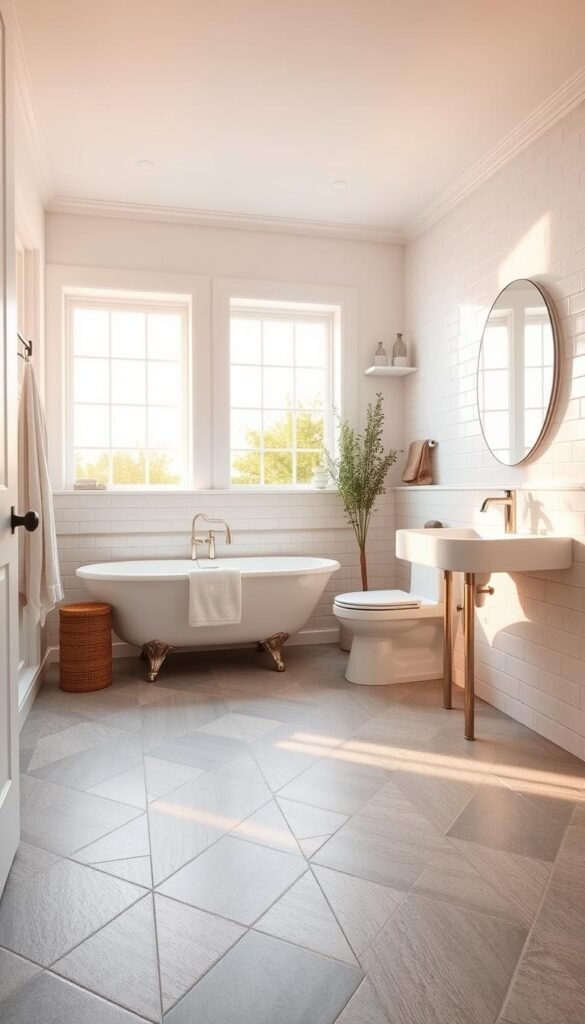 A mid-range bathroom with a clean, modern aesthetic. A well-lit room with warm, natural lighting streaming through large windows, illuminating a neutral-toned tile floor in a staggered, herringbone pattern. The walls are adorned with a mix of medium-sized, matte gray tiles and white subway tiles, creating a sleek and cohesive look. Subtle accent tiles in a soft, earthy tone add a touch of warmth and visual interest. The overall atmosphere is one of understated elegance and practicality, striking a balance between style and affordability.
